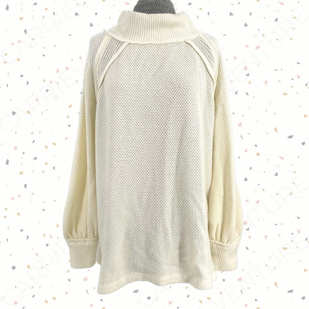 Free People Cream Oversized Fall Knit Sweater Boho Comfort Waffle Top Size M NEW
